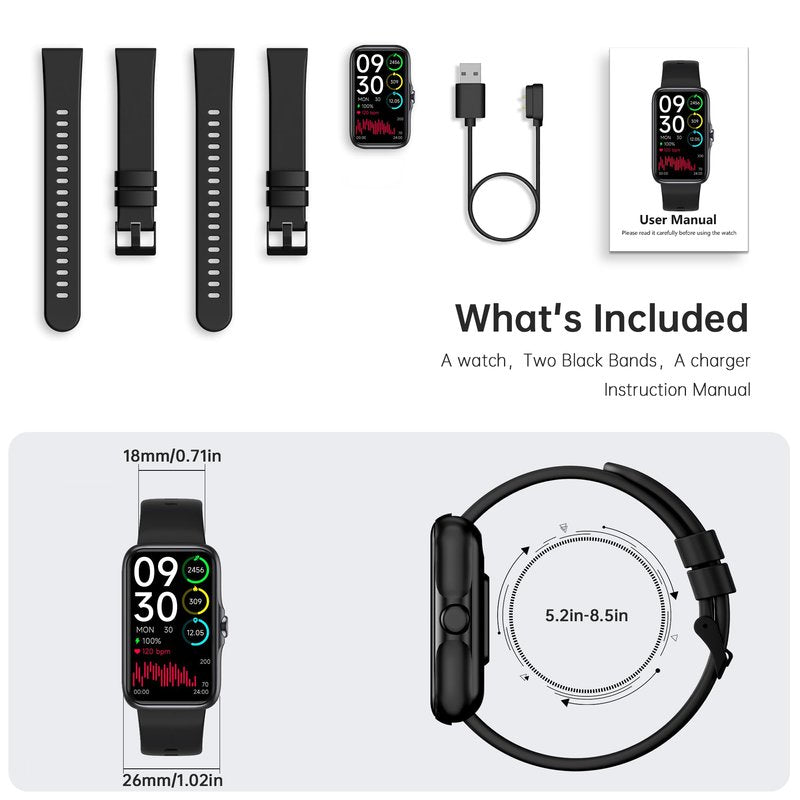 Health Fitness Tracker, Smart Watch with 24/7 Heart Rate and Blood Oxygen Monitor, Sleep Tracker with IP68 Waterproof, Activity Tracker Pedometer Step Counter for Women Men (Black)