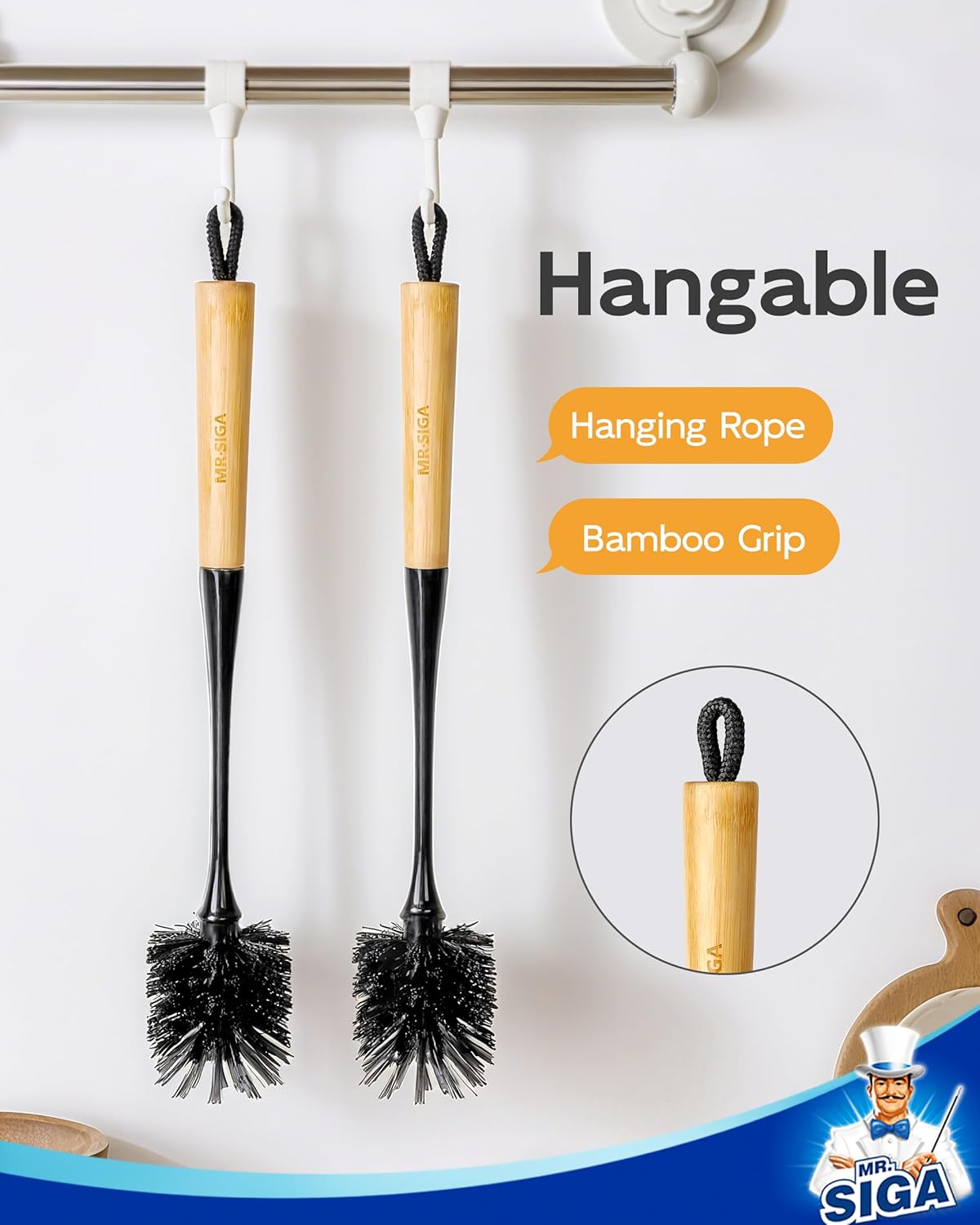 MR.SIGA Water Bottle Brush - Long Handle Cleaning Tool for Glasses & Baby Bottles | 2 Pack, Black
