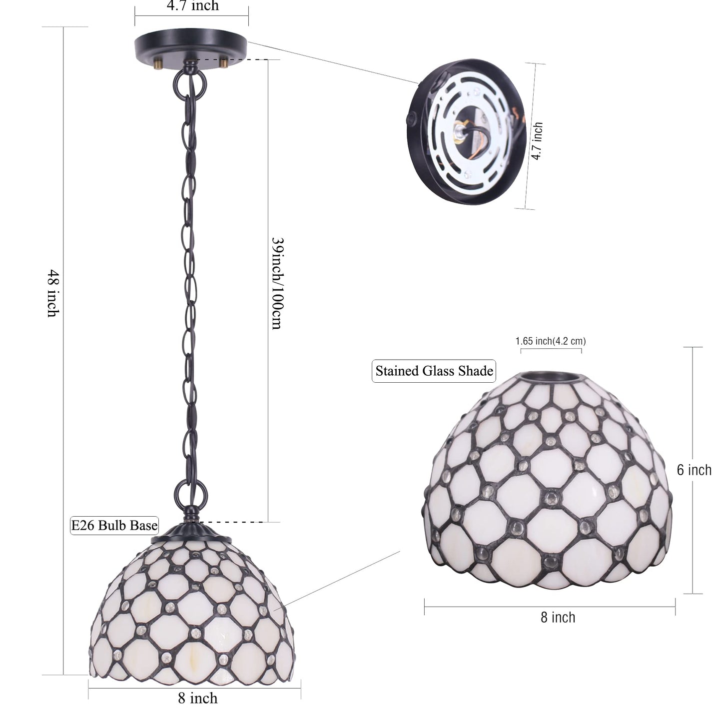 Small Tiffany Pendant Light 8 inch Tiffany Style Stained Glass Pendant Hanging Lamp Small Vintage Hanging Light Fixtures for Home Living Room Restaurant Hallway (White Amber Pearl Beads Style)