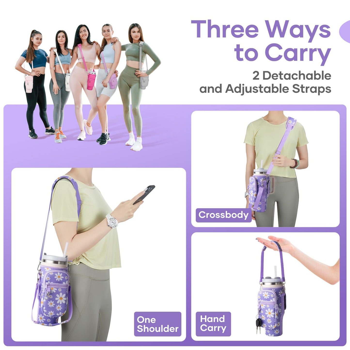 Water Bottle Carrier Bag,Water Bottle Holder with Straps Phone Pockets Fits Stanley Cup 40oz Tumbler (Purple Daisy-40oz)