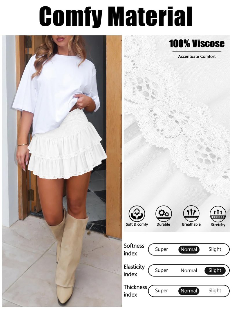 Pungdra Womens Casual Ruffle Mini Skirt Athletic Golf Tennis Skort Boho Tiered High Waist Layered Ruffle Lace Hem Flowy Short Skirts White Medium