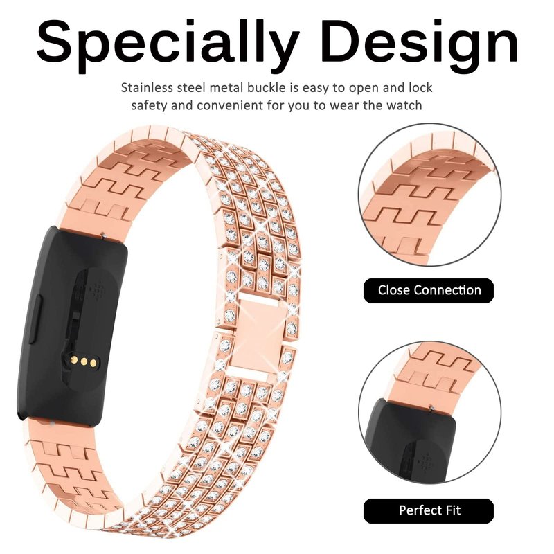 Miimall Compatible for Fitbit Inspire, Inspire 2 & HR Bands - Diamond Crystal Metal Bling Replacement Strap - Rose Gold