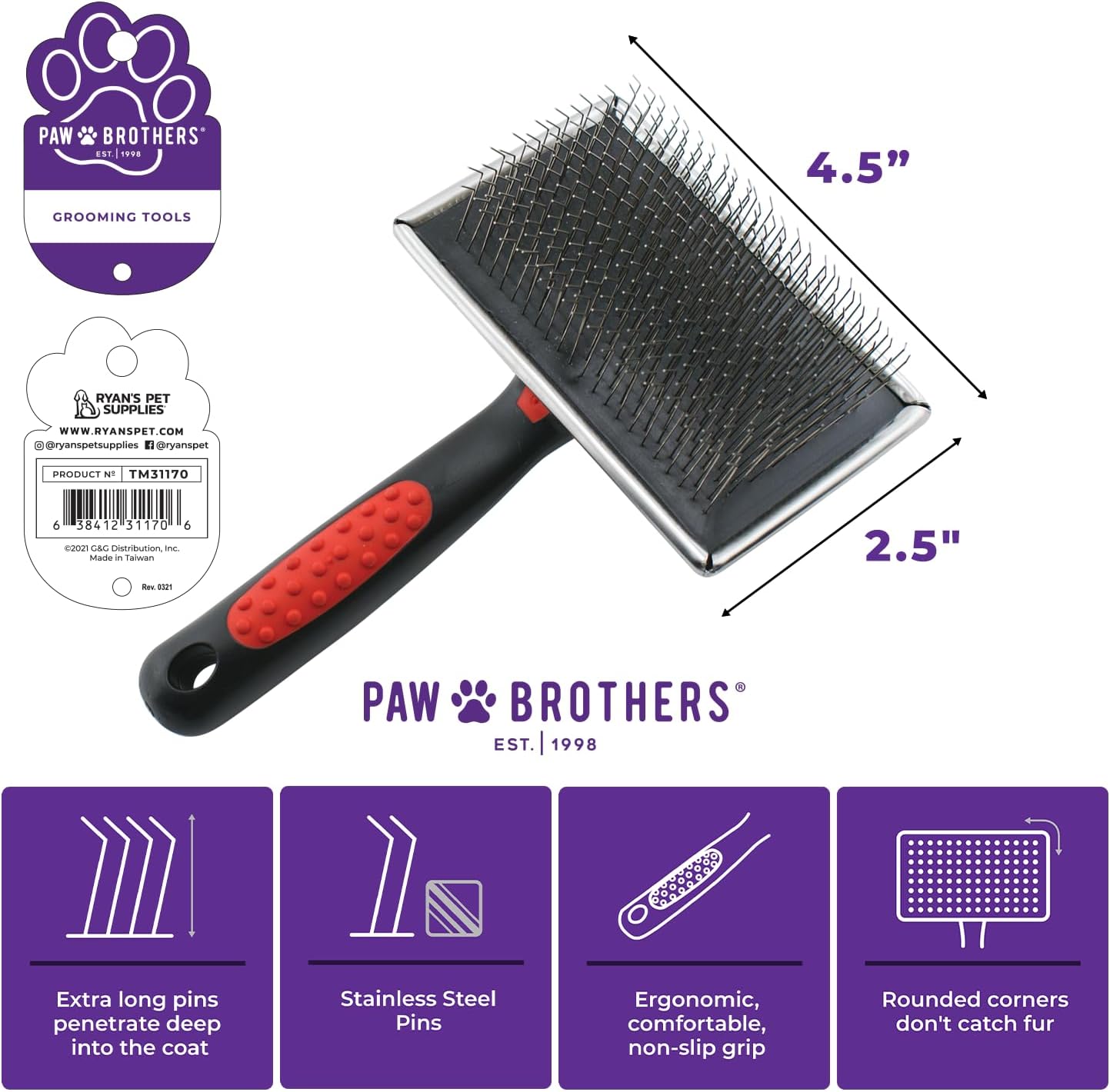 Paw Brothers Professional Grade Slicker Brush - Ergonomic Handle for Removing Loose Undercoat & Tangles