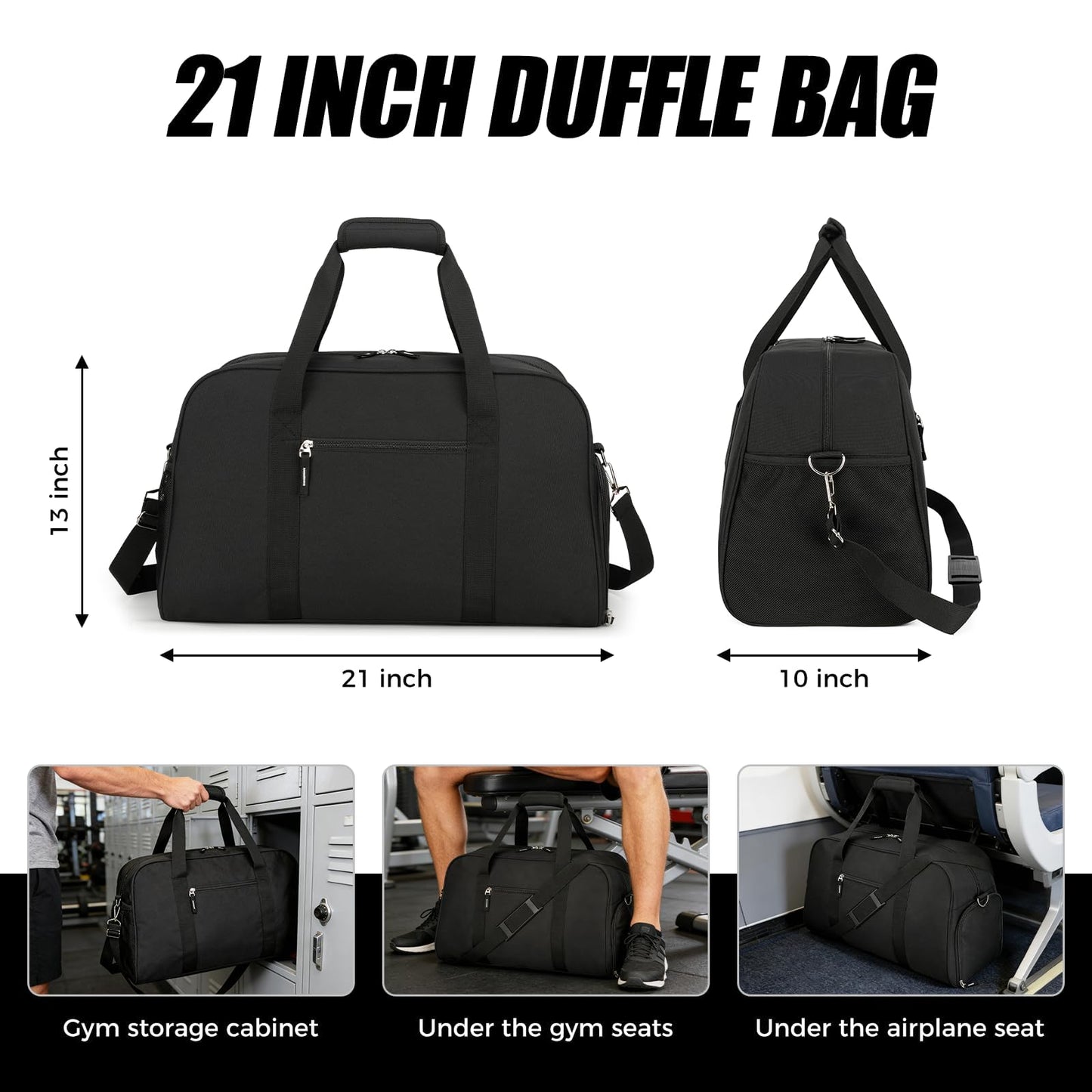 Searock 45L Gym Bag for Men & Women with Shoe Compartment, 21” Large Duffle Bag for Travel, Sports, Fitness & Workout, Black
