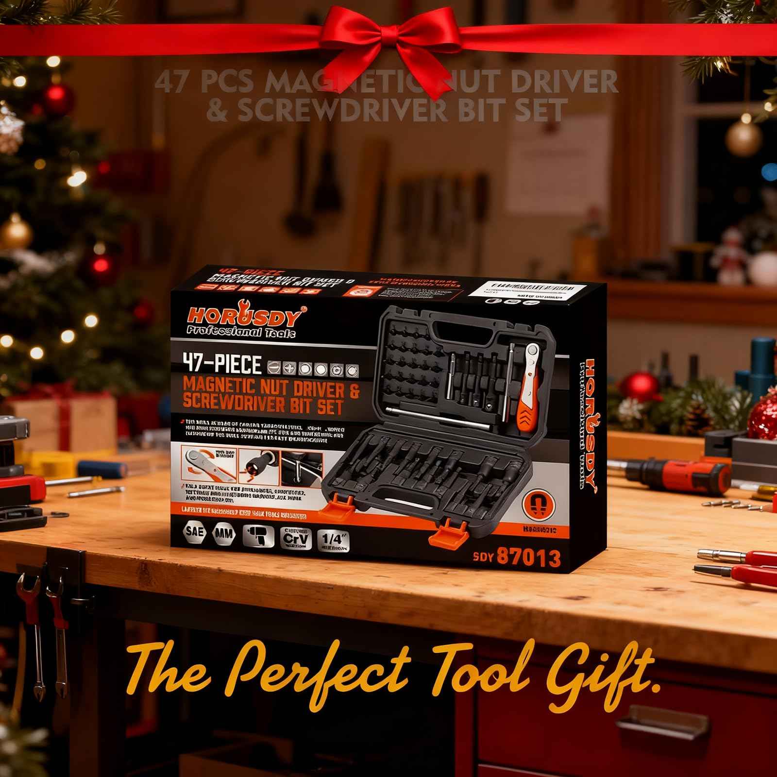 HORUSDY 47Pcs Nut Driver Set SAE and Metric, Impact Magnetic Nut Driver for impact drill, Socket Adapters, Screwdriver Bit Set, Cr-V Steel 1/4" Hex Shank Quick Change,with Storage Case