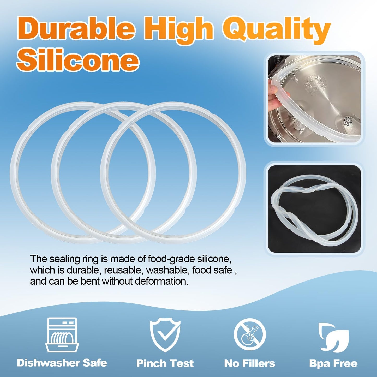 3 Pack Silicone Sealing Rings for Instant Pot 6 Qt, Inner Pot Seal Ring, Replacement Seal Gasket, Food-Grade Silicone Sealing Rings