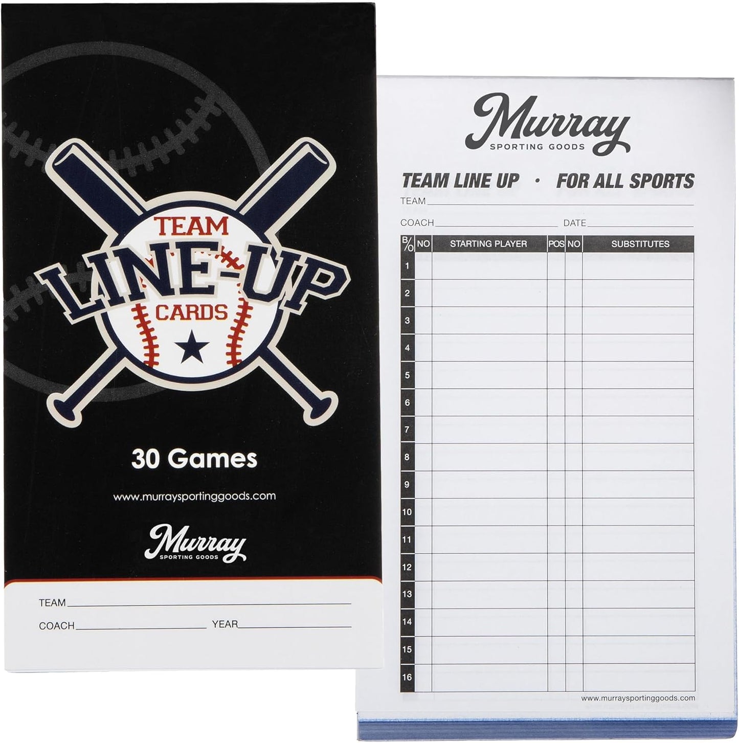 Murray Sporting Goods Baseball/Softball Lineup Cards - 30 Games with 16 Player Roster Sheets