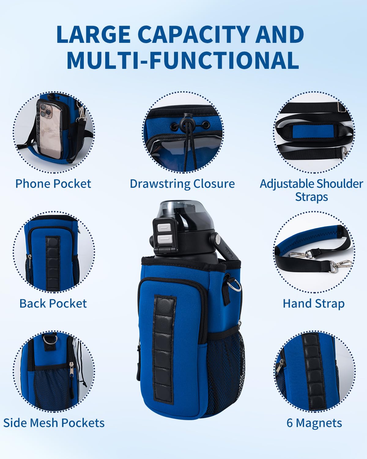 RivuletCore Magnetic Gym Water Bottle Bag Holder Carrier with Phone Pocket and Shoulder Strap Crossbody Sling Cup Pouch Sleeve Workout Essentials for Men and Women