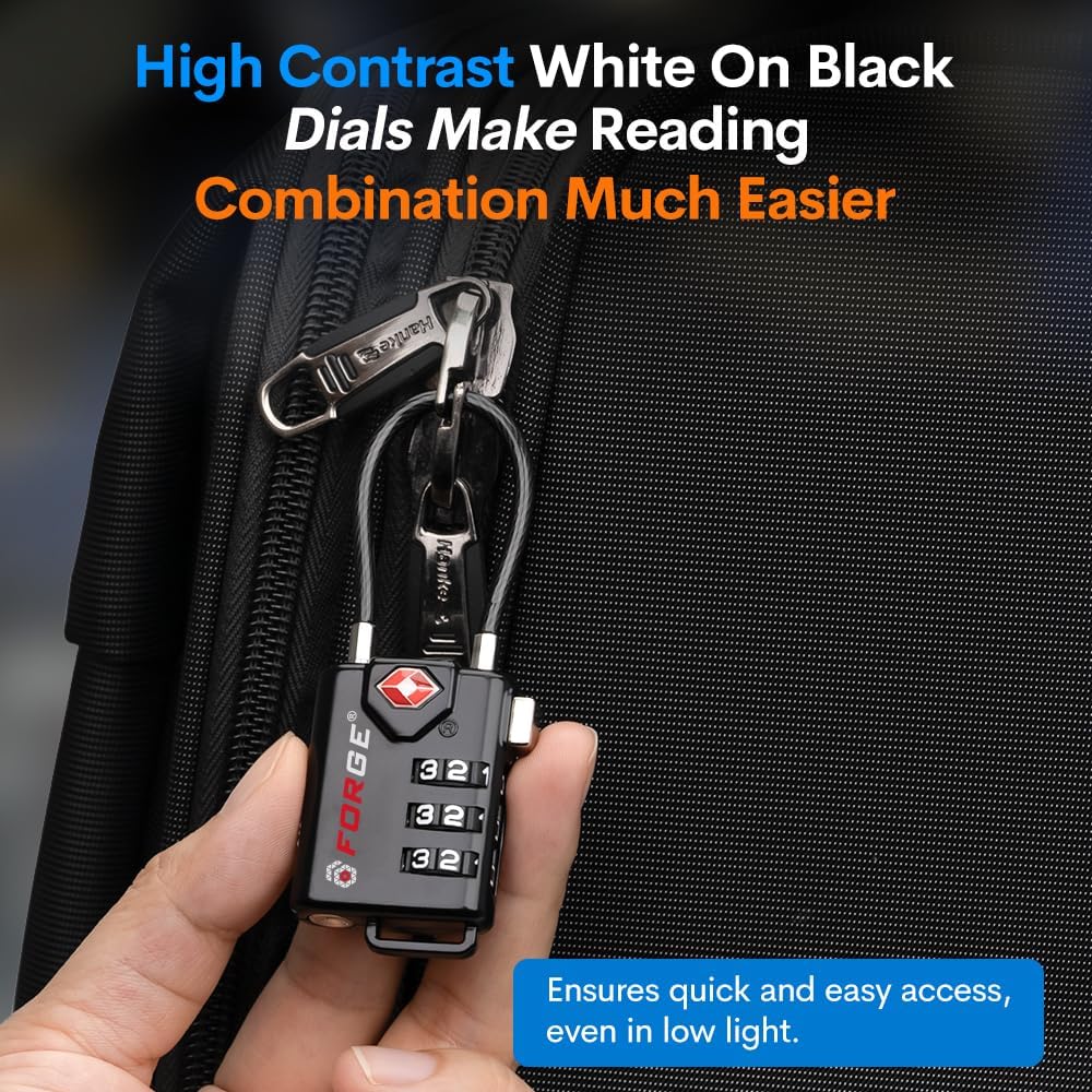Skiennix TSA Approved Cable Luggage Locks - Re-settable Combination, Durable Alloy Body | Black, Set of 2