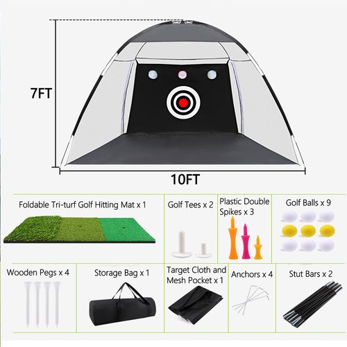 Golf Net, 10x7ft Golf Practice Net with Foldable Tri-Turf Mat, Hitting Chipping Swing Training for Backyard & Outdoor & Indoor with Ball, Tee, Target, Carry Bag, Gift for Men Dad Husband & Golfers