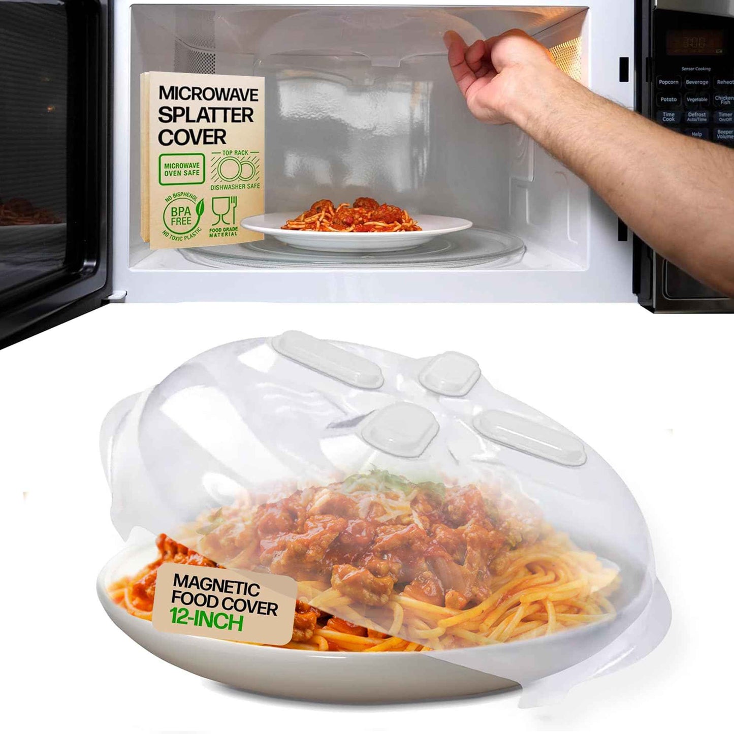HOVER COVER Magnetic Splatter Cover, 12-Inch Clear BPA-Free Food Lid, Vented Plate Guard with Steam Vents, Anti-Splash Microwave Lid, Dishwasher Safe, Space-Saving Magnetic Storage - Ivory