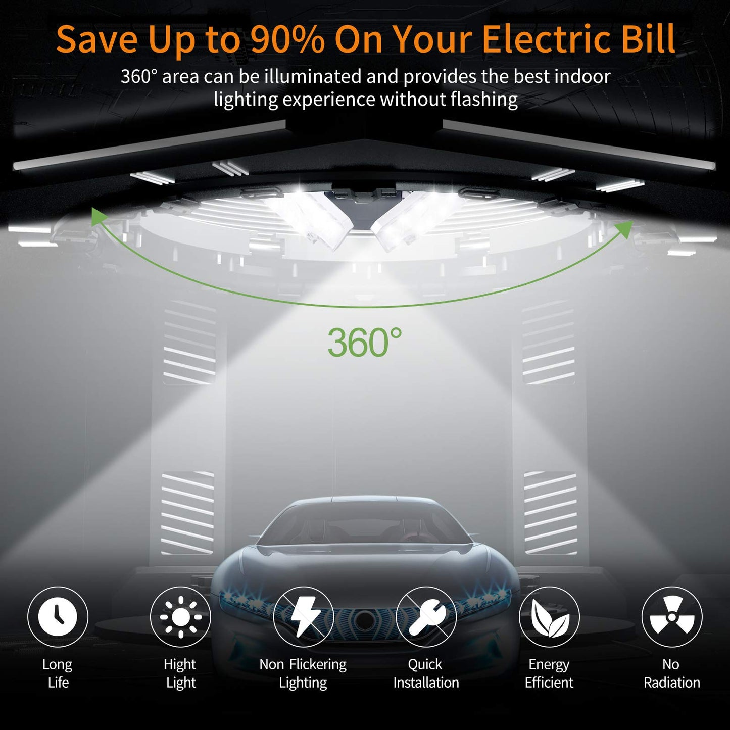 KERNOWO 2 Pack LED Garage Light, 140W 18500 Lumens Lighting, 6000K Daylight With Deformable Three Panels Ceiling Light Fixture E26/E27 Triple Glow LED Shop Light for Basement Workshop