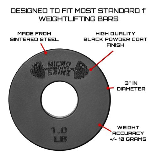 Micro Gainz Standard 1-Inch Center Hole Weight Plates, Set of 2 Black Fractional Plates Choose Set (.25LB-1.25LB), Designed for Standard 1-inch Barbells & Dumbbells, Made In USA (1 lb)