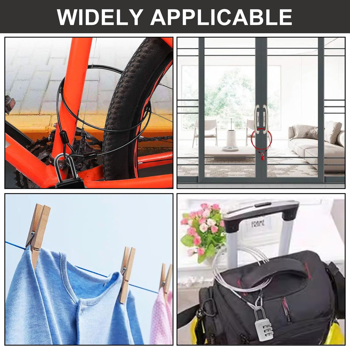 S SYDIEN Cable Lock Double Loops 6.6Ft Long Black Security Cable with Lock, Bike Locks Cables 2.5mm Braided Steel Coated Safety Cables Wire for Luggage, Outdoor, Clothesline (2 Pack)