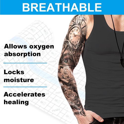 Hion (F.D.A Approved) Tattoo Aftercare Waterproof Bandage Transparent Film Dressing50 Pre-Cut Sheets 10 x 4Inch Tattoo Cover Up Tape Second Skin Adhesive Bandage Wound Cover for Swimming Shower Shield