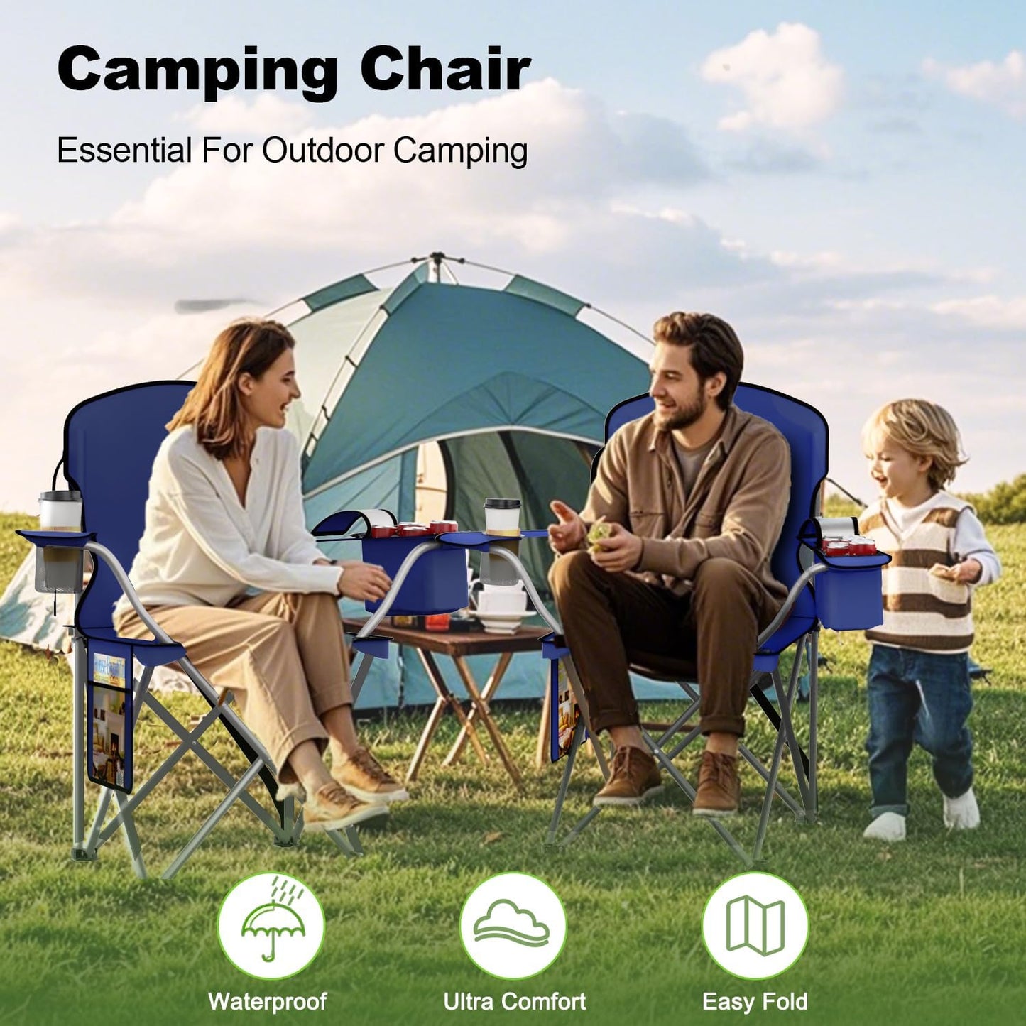 VTOY Folding Camping Chair - Durable 600D Oxford with Cooler Pouch, Cup Holder & Storage Pocket | Portable Outdoor Seating