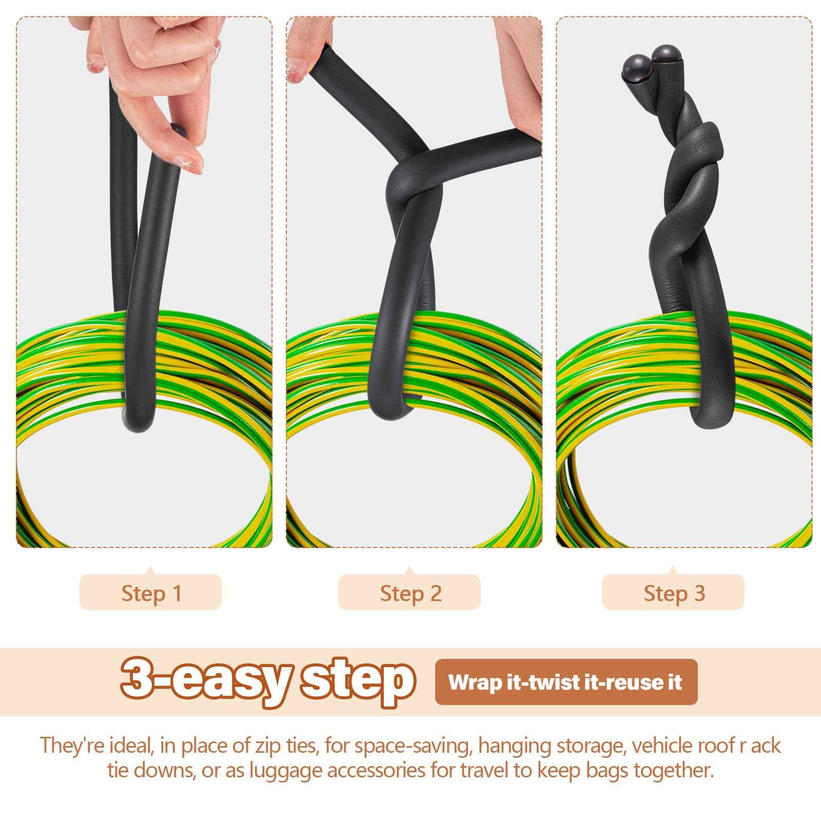 Ninehaoou 20 Pcs 17 Inch EVA Foam Twist Rubber Ties Reusable Bendable Cable Tie Straps Flexible Heavy Duty Twisty Ties for Organizing Cords Bundling (Black)