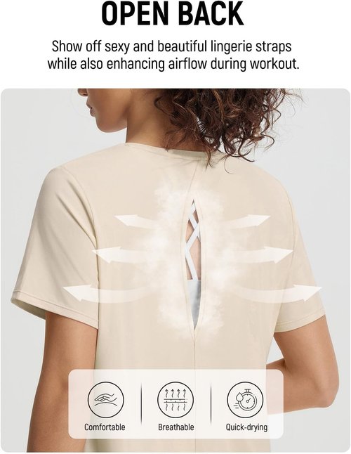 Baleaf Women's Yoga Shirts - Open Back Workout Tops with UPF 50+ Protection | Athletic Gym T-Shirt