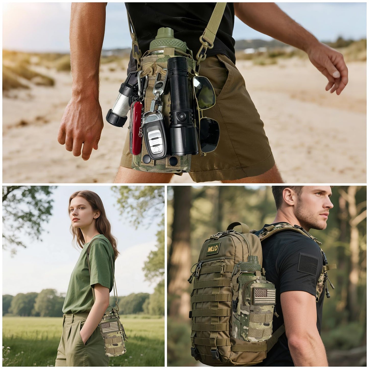 Water Bottle Holder with Strap - Tactical Insulated Water Bottle Sleeve with MOLLE System for Backpack Military Camo Cross-Body Pouch for Walking Hiking Camping Gym 32oz&40oz