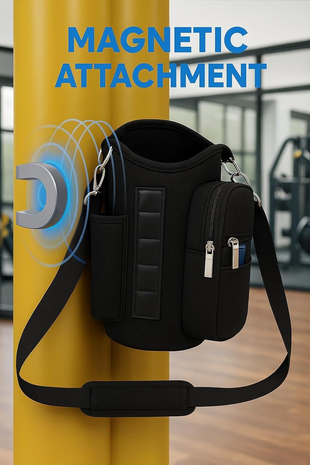 Skiennix Magnetic Gym Bag Water Bottle Carrier - Phone Pockets & Shoulder Strap Organizer