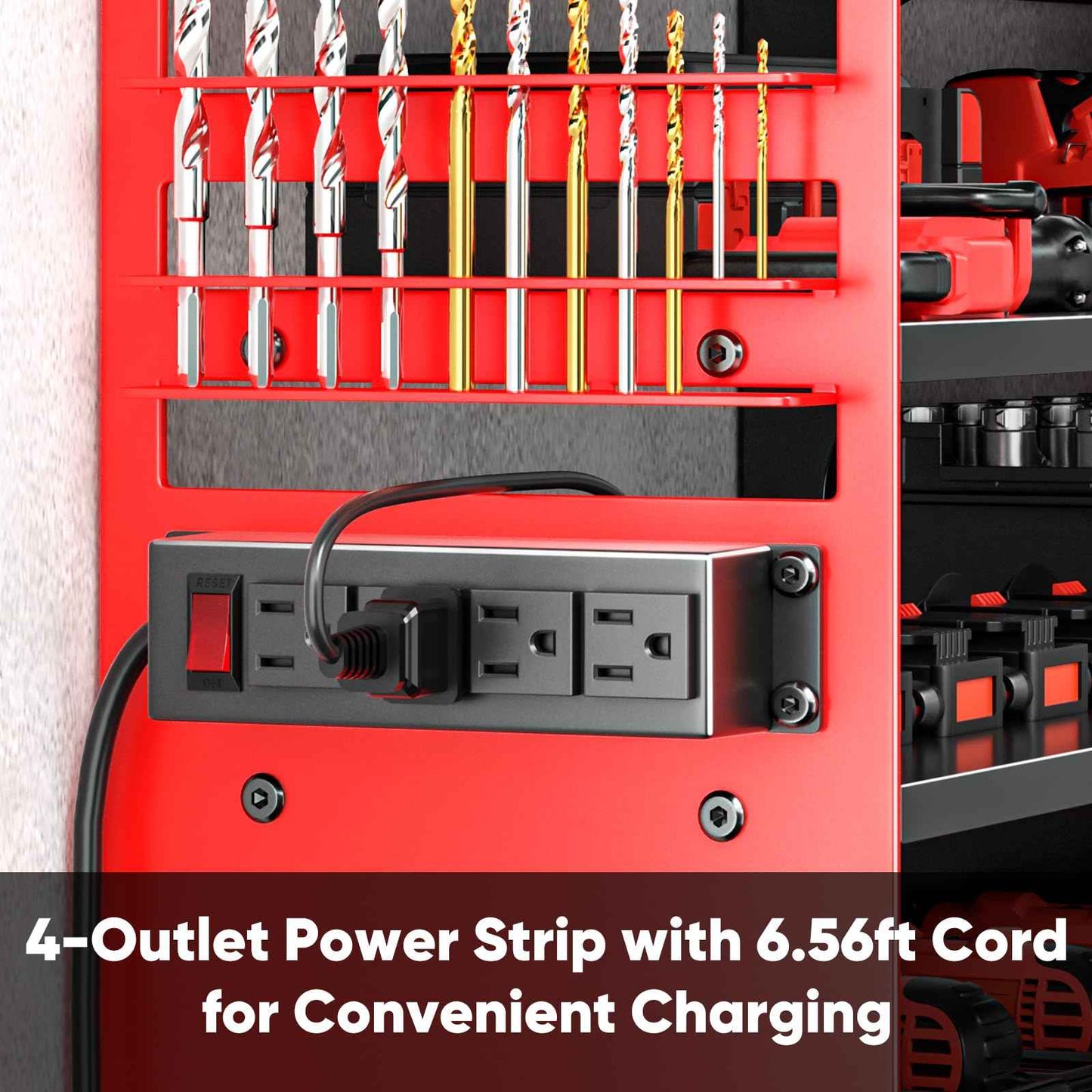 POKIPO Large Power Tool Organizer Wall Mount with Charging Station,4 Layer Heavy Duty Metal Tool Storage Shelf Loads 600lbs,Battery Utility Rack With 4 Outlet Power Strip with 8 Cordless Drill Holder