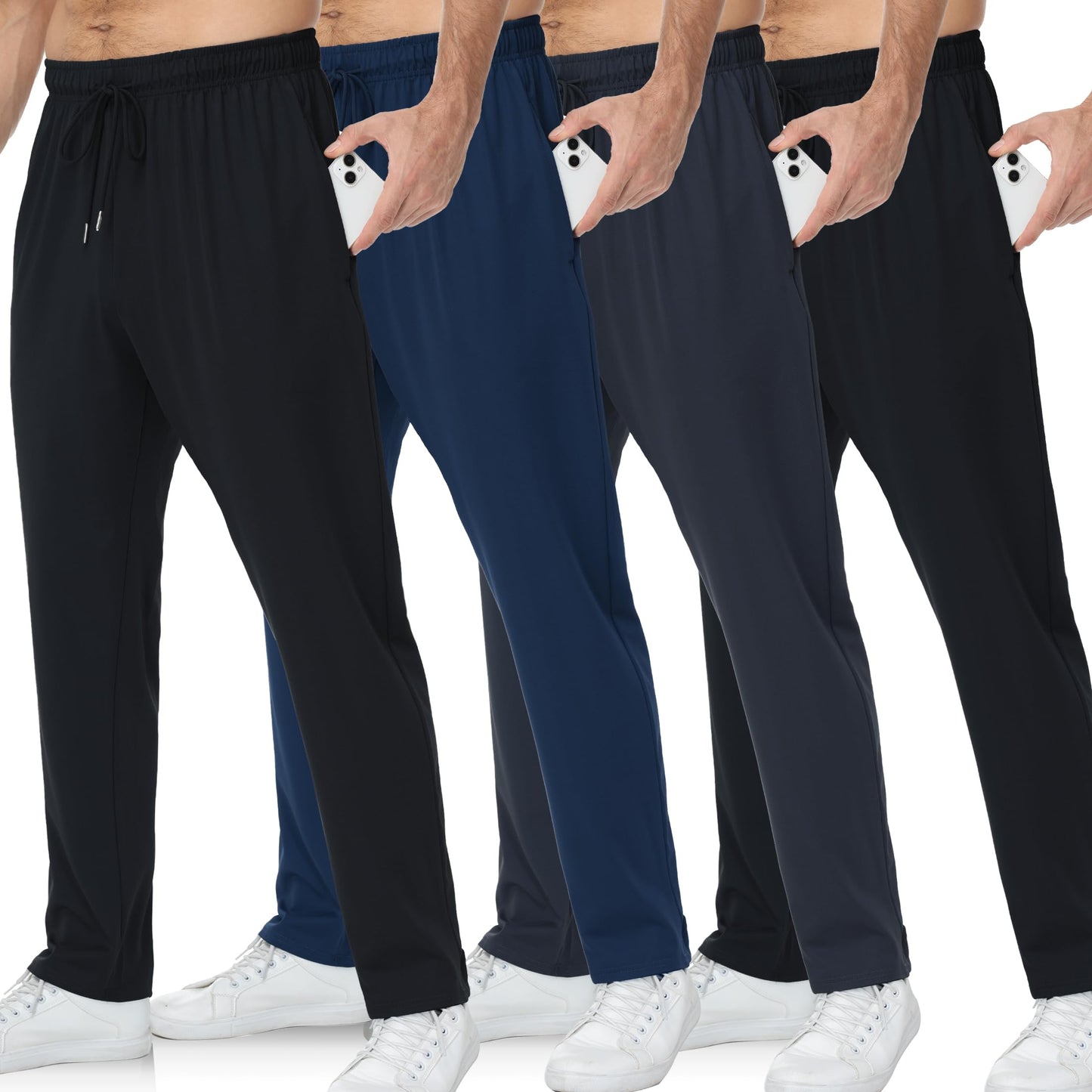 OYGSieg 4 Pack Mens Sweatpants with Zipper Pockets Open Bottom Joggers for Men Lightweight Track Pants for Casual Hiking