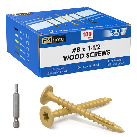 #8 x1-1/2Inch Deck Screws, 100Pcs Star Drive Wood Screws, Rust Resistant Timber Screws for Timber/Log/Landscaping Wood, T20 Star Bit Included, Yellow