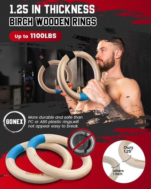 Gonex Wooden Gymnastic Rings - Adjustable 8.5 ft Straps for Outdoor Workouts & Quick Installation