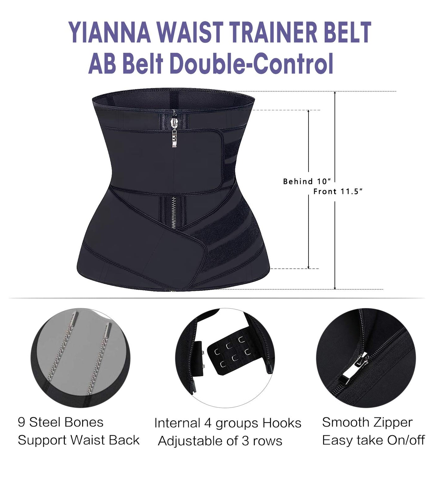 YIANNA Waist Trainer for Women Latex Underbust Double Training Belt Tummy Control Waist Cincher Sport Girdle,YA2223-Black-L