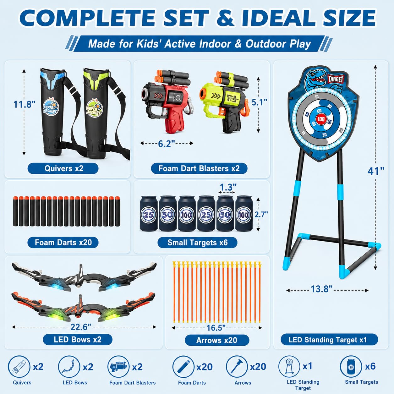 VROGTIK 2 Pack Kids LED Bow and Arrow Set with Standing Target, 20 Suction Cup Arrows, 2 Quivers & Foam Dart Toys, Indoor Outdoor Archery Toy Gift for Boys Girls Ages 3-12