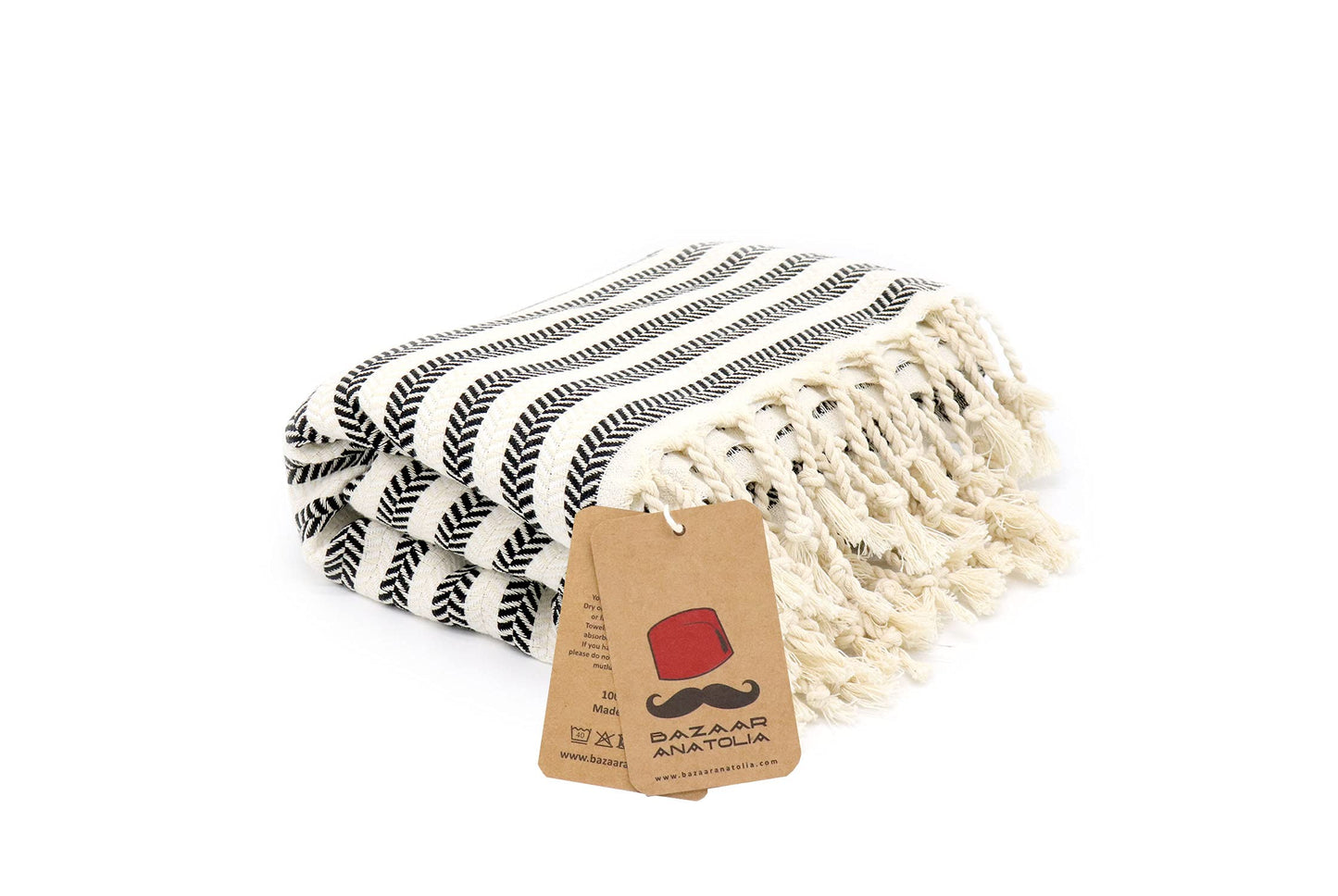 Bazaar Anatolia Turkish Beach Towel, 100% Cotton, 71x39 in, Arpa Black