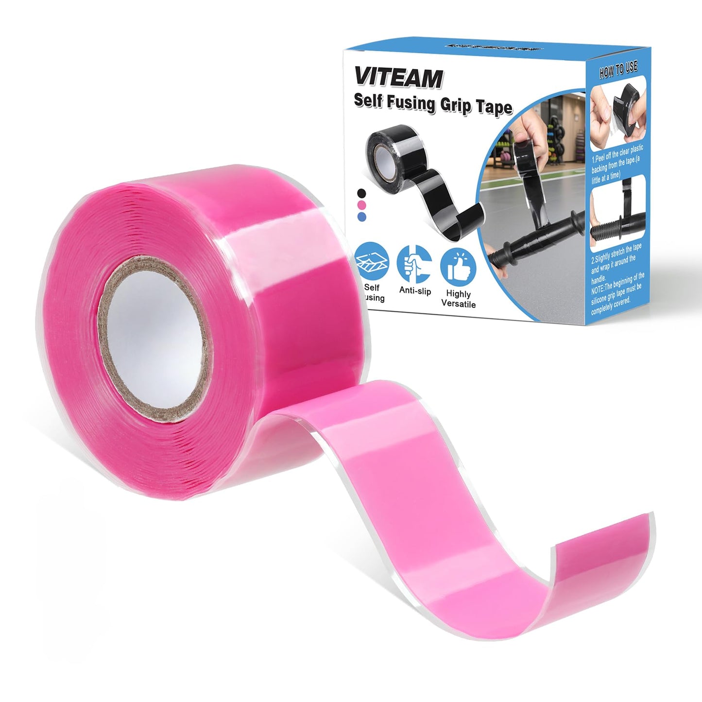 VITEAM Grip Tape Silicone Rubber Grip Tape Fusion Water-Resistan Tape for Handle，Pull Up Bar, Barbells, Dumbbells, Lacrosse, Sport Equipments and Tools Pink