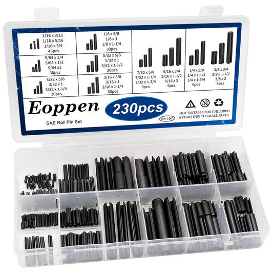 Eoppen 230Pcs SAE Roll Pin Assortment Set - Slotted Spring Pins Steel Split Expansion Pin 10 Sizes 1/16 5/64 3/32 1/8 5/32 3/16 7/32 1/4 5/16 3/8 Inch for Home Improvement Automotive Repair