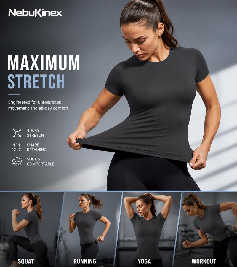 NebuKinex 5-Pack Women's Compression Shirts Short Sleeve Workout Tops Athletic Baselayer Quick Dry Gym Yoga Running T-Shirt Small