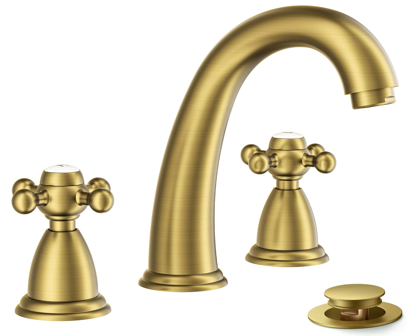 FORIOUS Brushed Gold Bathroom Faucet, Bathroom Sink Faucet 3 Hole with Pop Up Drain and Water Hose Supply, 2 Cross Handle Design, for Vanity RV Farmhouse Sink