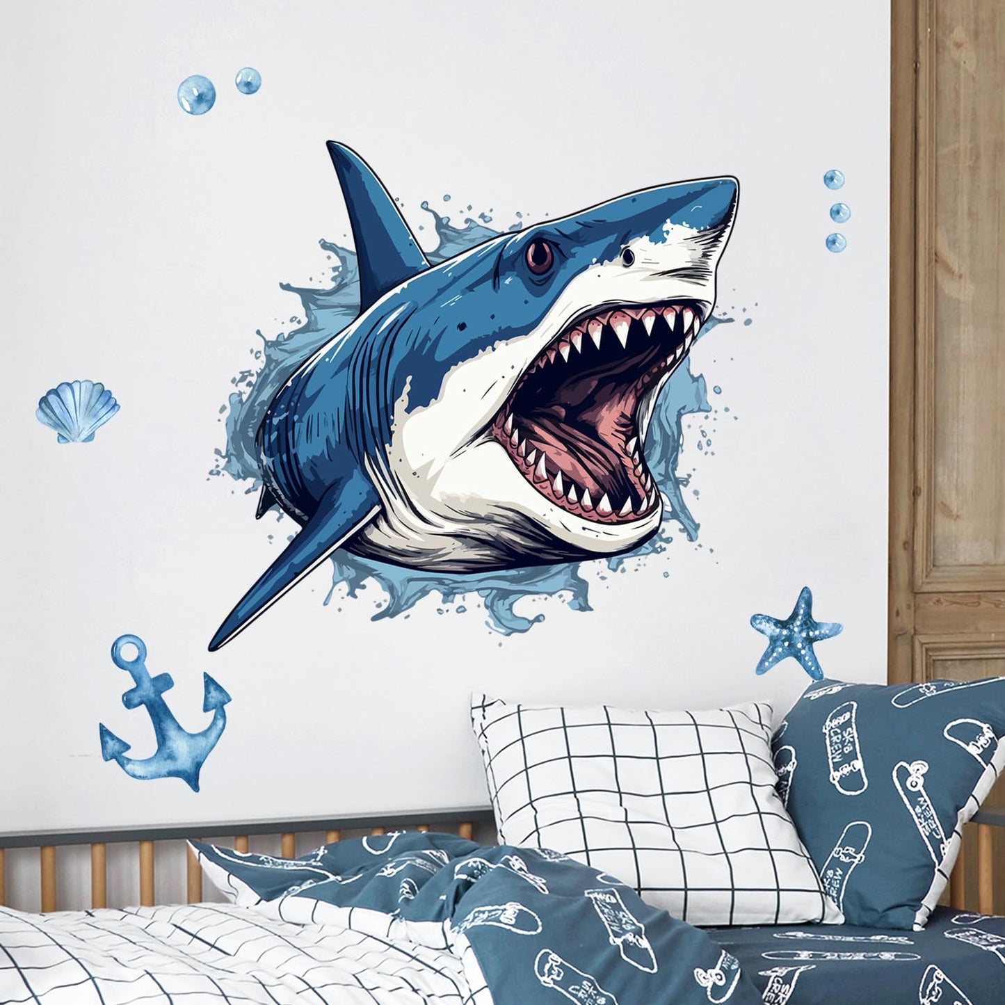 Supzone Large 3D Shark Opening Mouth Wall Decals, 23.6 * 30.7 inches Ocean Wall Sticker Self-Adhesive for Boys Bedroom Livingroom Nursery Playroom Classroom