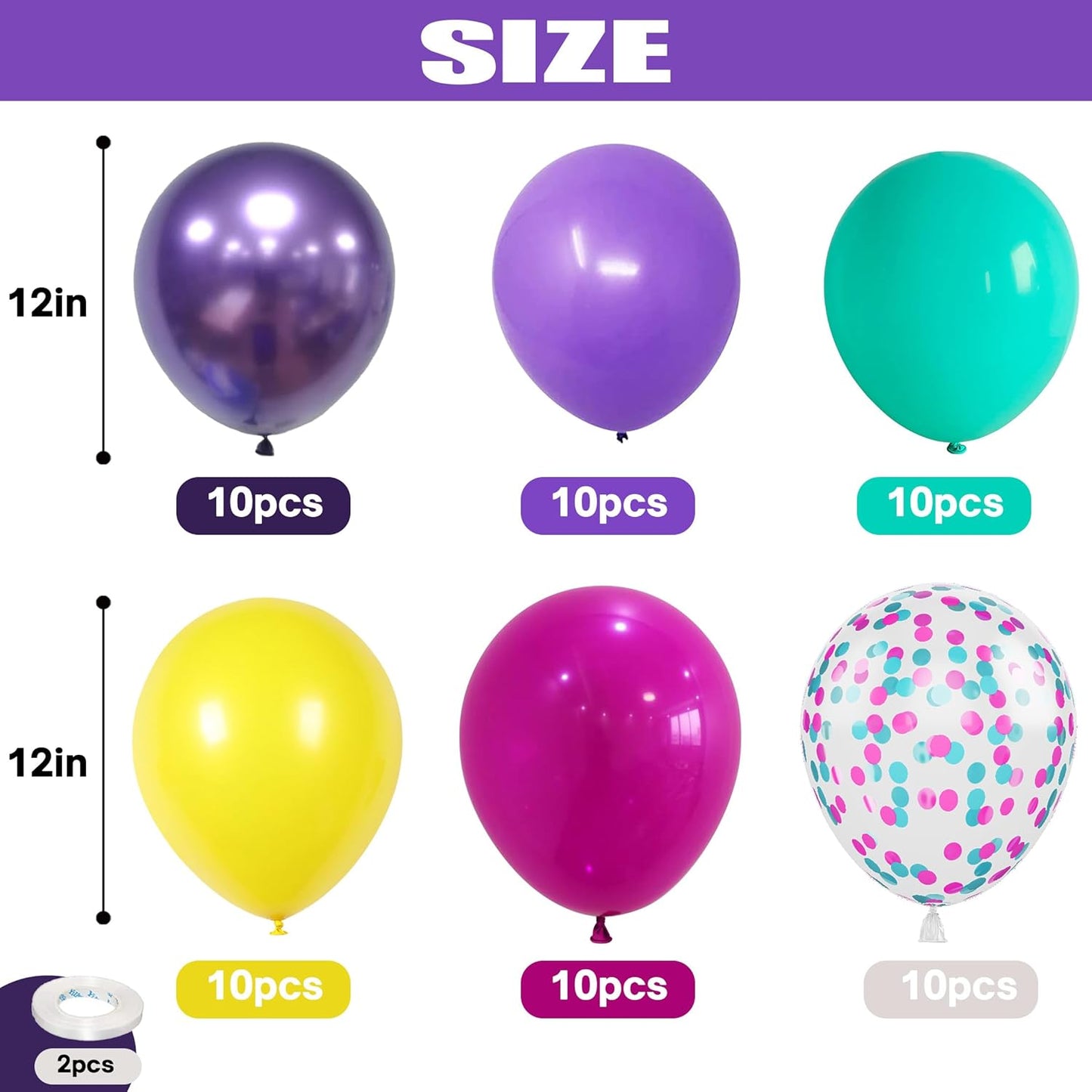 Skiennix 60 Pcs Balloon Set - Hot Pink, Purple & Teal Metallic Confetti for Kids' Birthday & Baby Shower Decor