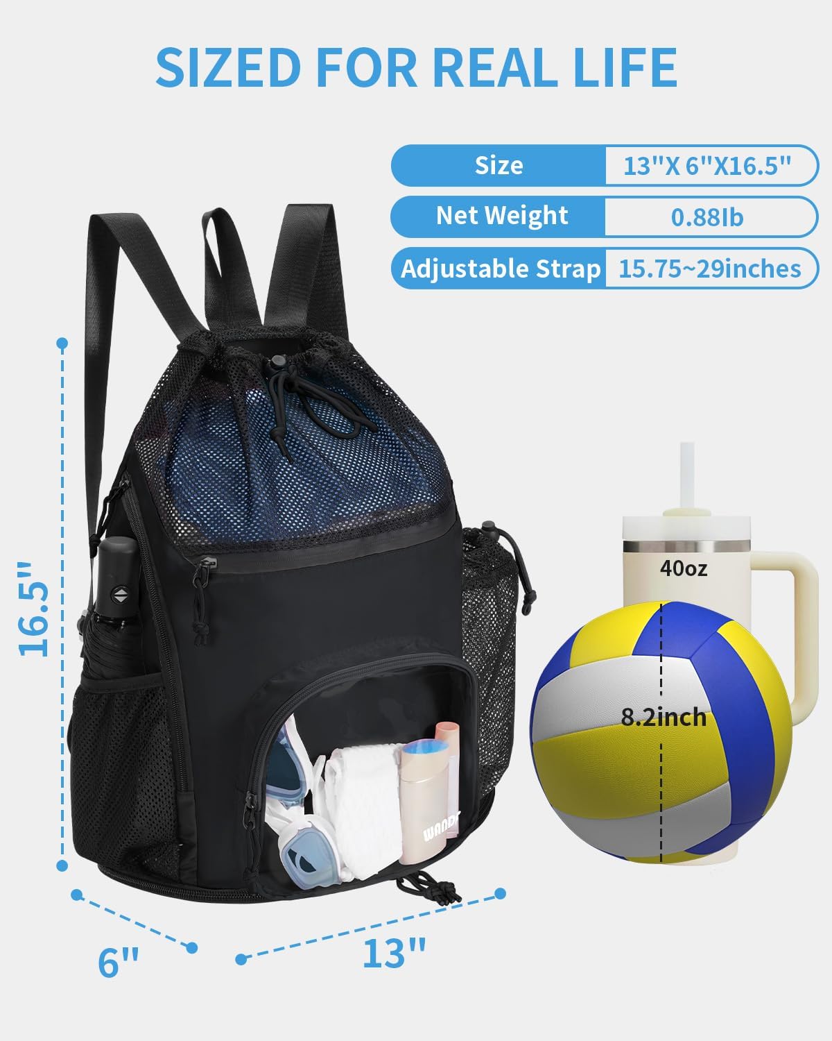 WANDF Swim Bag - Sandproof Beach Backpack with Wet Pockets & 40oz Tumbler Holder | Black