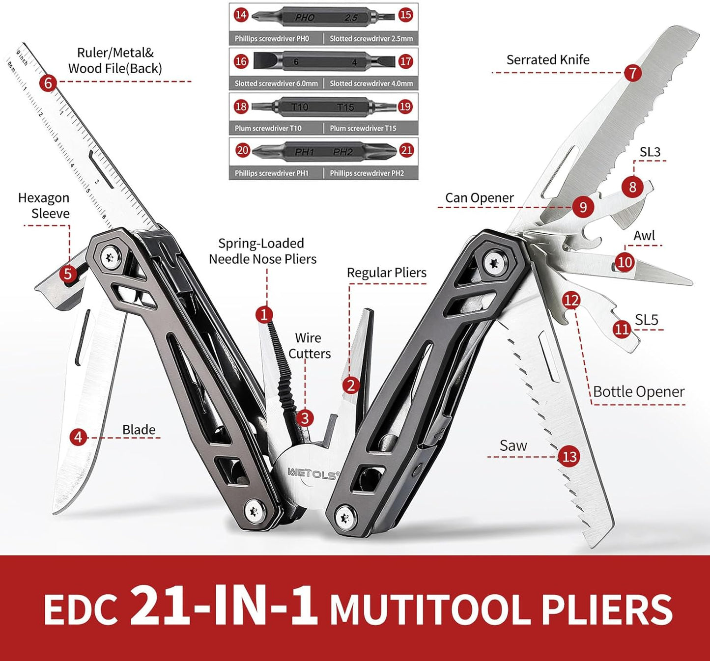 WETOLS 21-in-1 Multitool with Pocket Knife & Pliers - Perfect Christmas Gift for Men & Dads, EDC Survival Gear