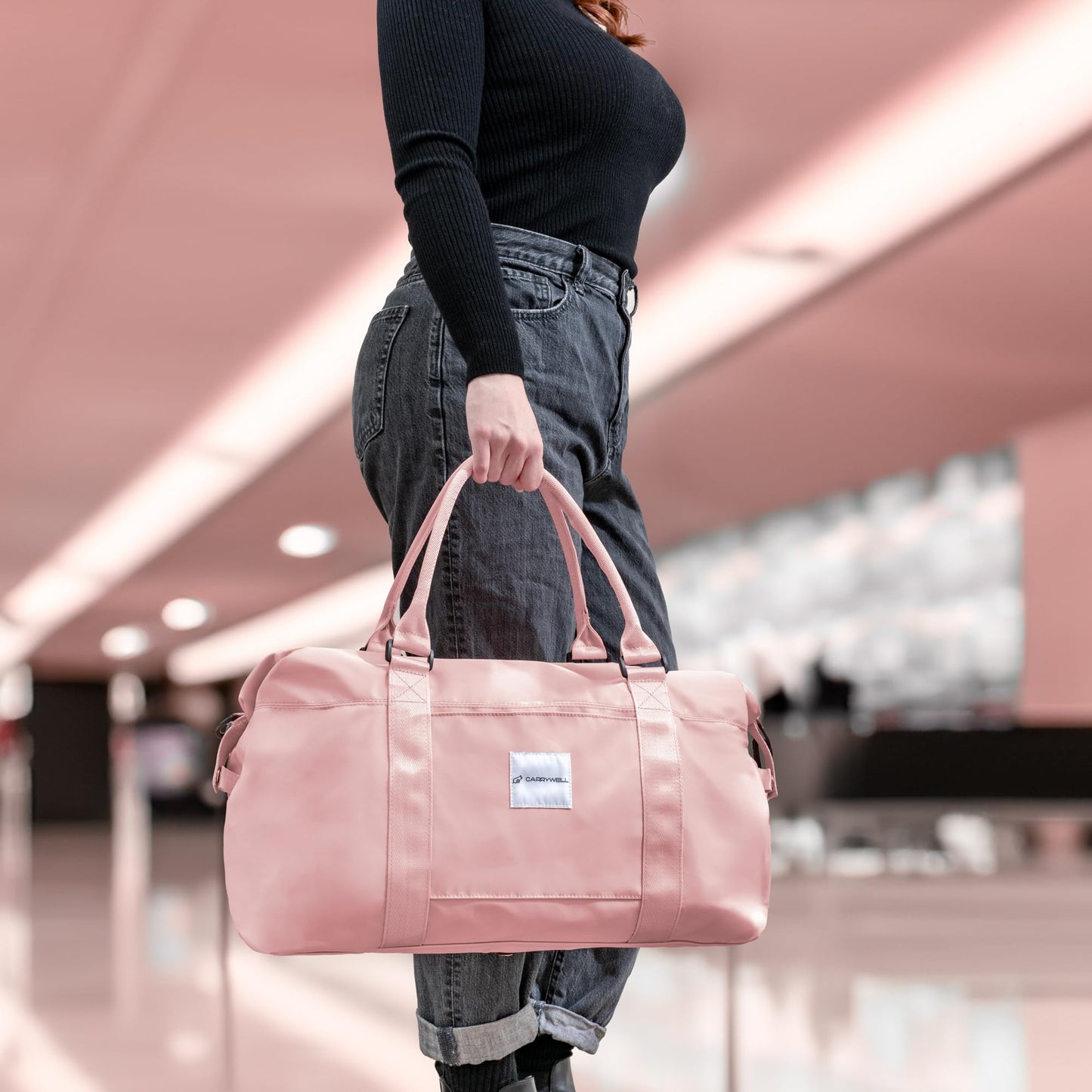 (Not Made In China) Travel Duffel Bag For Women, Carry On Bags, Overnight Weekender Duffle, Airplane Approved Underseat Tote With Shoulder Strap, Luggage Trolley Sleeve, Pink, 22in, 30L