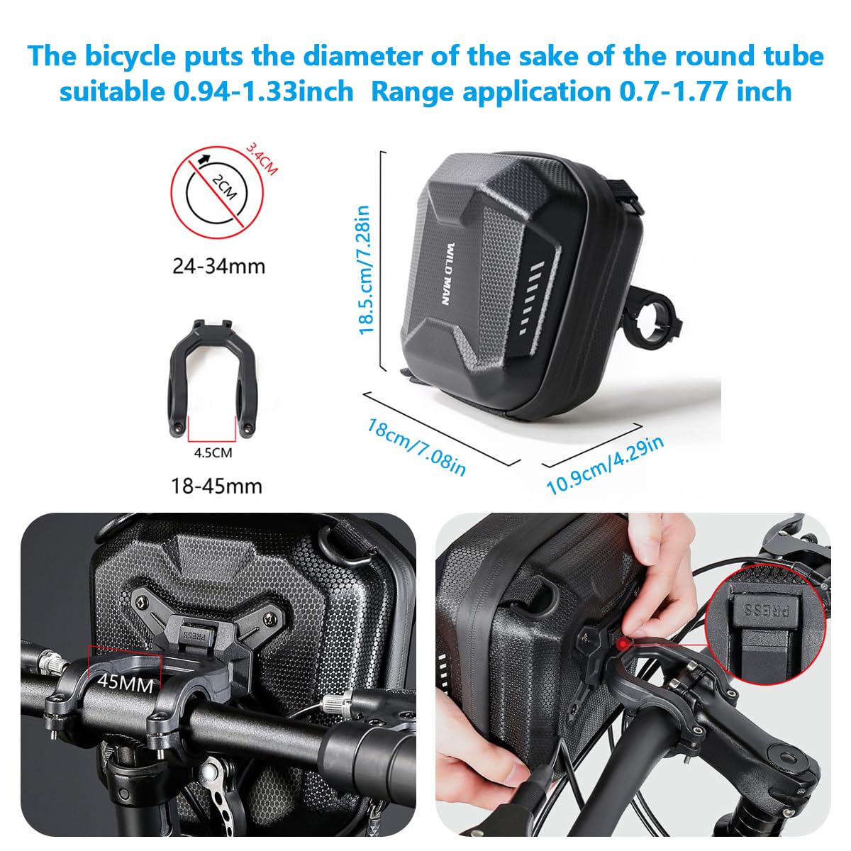 WILD MAN Scooter bag Bike Bag Waterproof Storage Scooter Handlebar bag Front EVA Hard Shell Bike Frame Bag（Black）