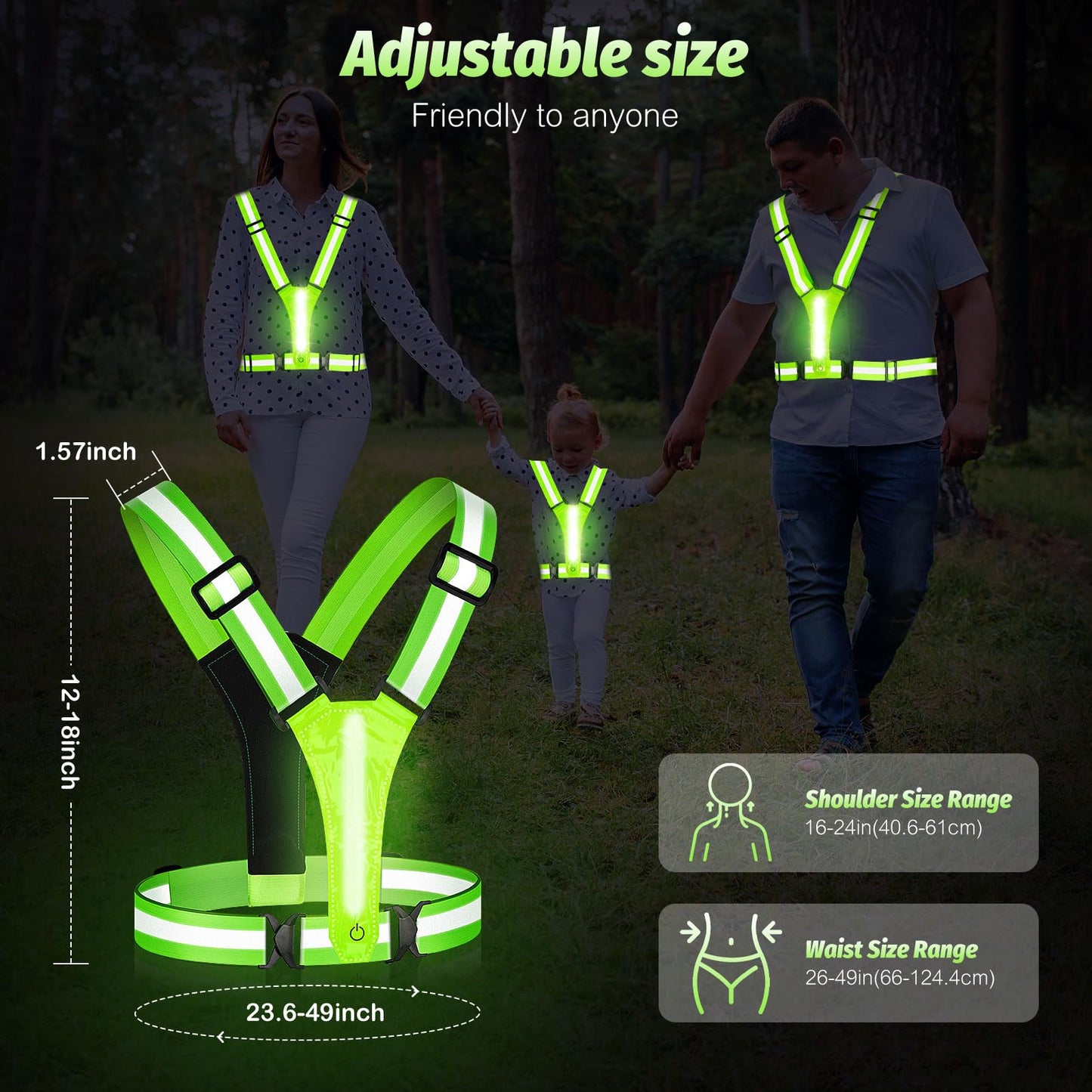 Cabbqiu LED Reflective Running Vest - Light Up With 3 Modes, Rechargeable Night Gear for Runners - Safety Belt for Women Men (Green)