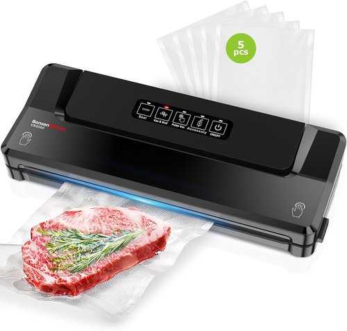 Bonsenkitchen Vacuum Sealer Machine - Compact Food Sealer for Meal Prep & Storage | 5 Bags, Black