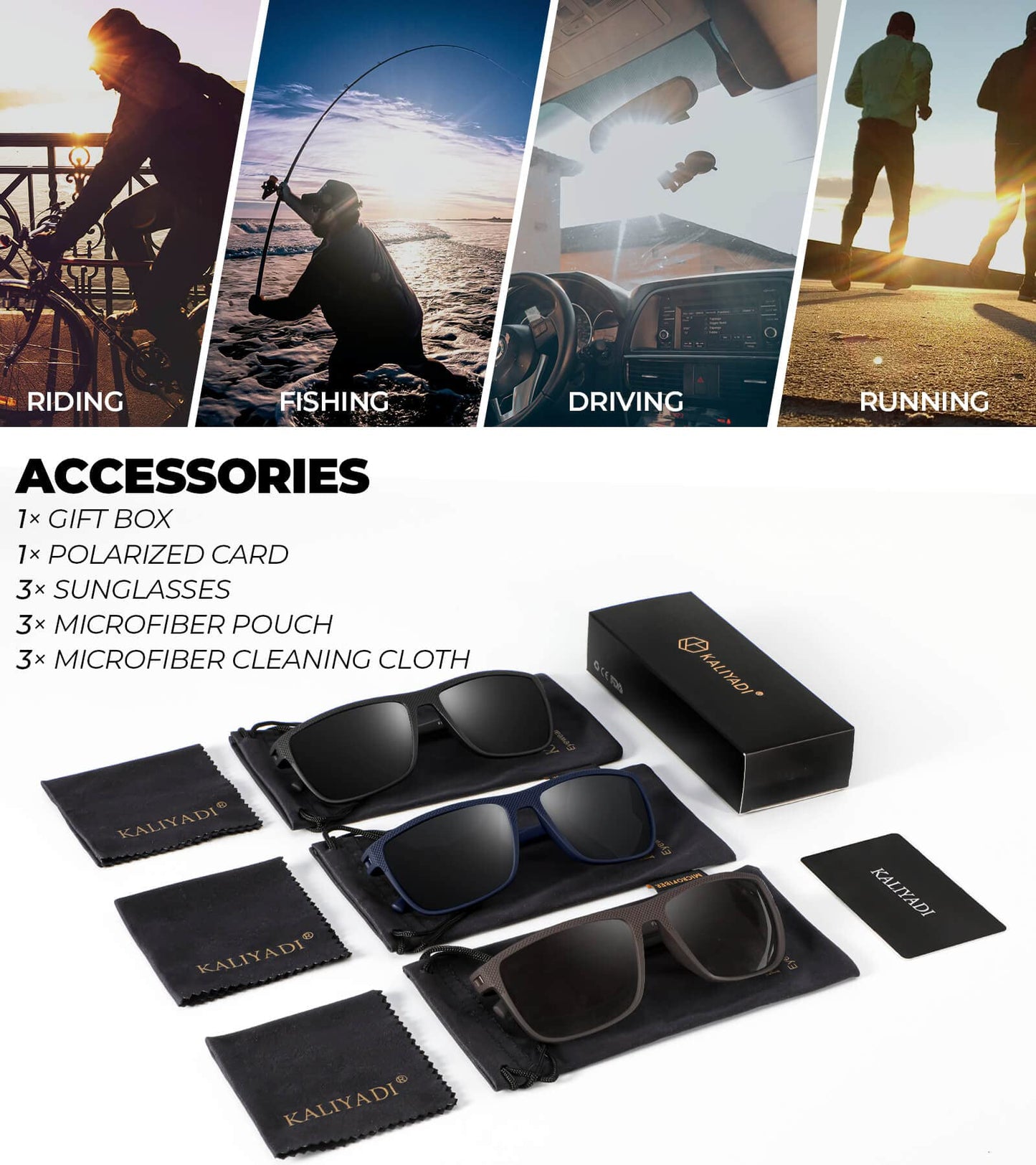 KALIYADI Polarized Sunglasses Men, Lightweight Mens Sunglasses Polarized UV Protection Driving Fishing Golf (Black/Brown/Dark Blue&Grey)