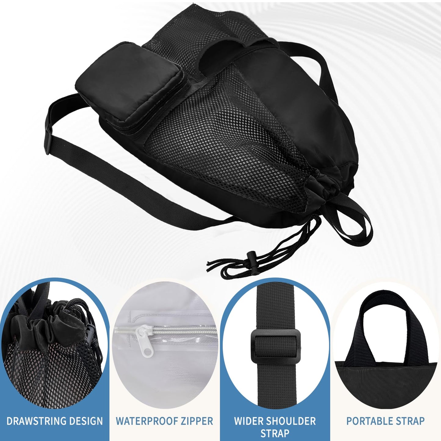 lifwimner Swim Bag Mesh Beach Drawstring Backpack with Wet Pocket Waterproof for Gym Workout Men Women (Black)