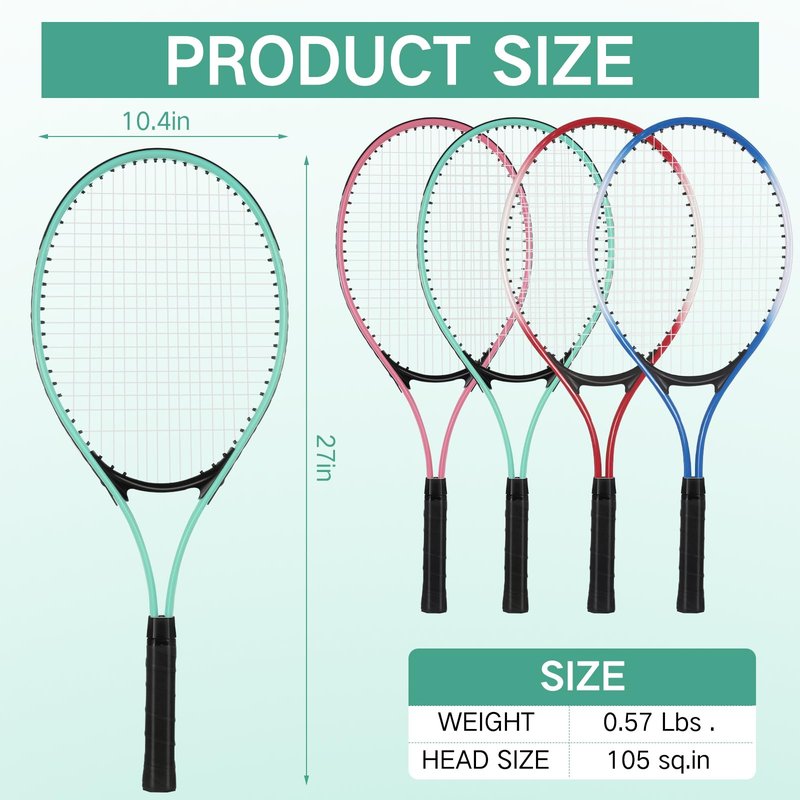 Motionchic 4 Pcs Tennis Rackets for Adult Recreational 4 Players 27" Tennis Racquet Lightweight Tennis Racket with 3 Tennis Balls for Training Beginners with Overgrips Carry Bag (Pink,Green,Blue,Red)