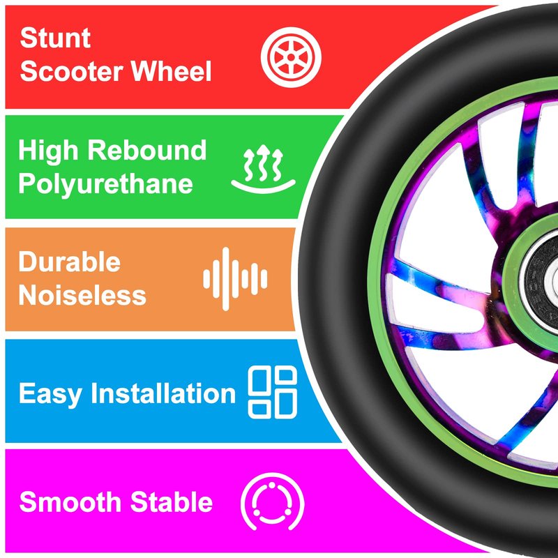 NONMON 2 Pack 100mm Scooter Wheels,88A Replacement Scooter Wheel with ABEC-9 608RS Bearings Installed for Pro Scooters Kick Scooters, Multi-Color