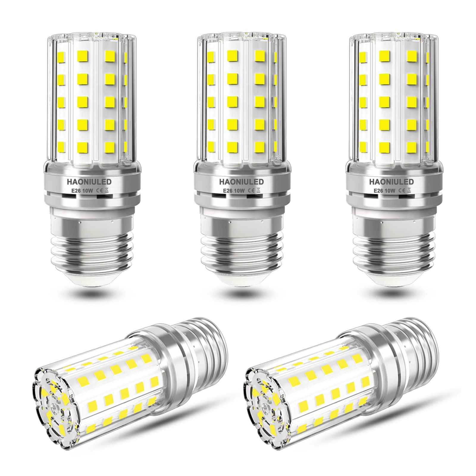 E26 10W LED Light bulbs, 6000K Daylight White, 1000 lumen, 100 Watt Equivalent Incandescent Bulbs, Non-dimmable Edison Candelabra Ceiling Fan led Bulbs, Flicker Free, Tubular LED Corn Bulb, 5 Pack