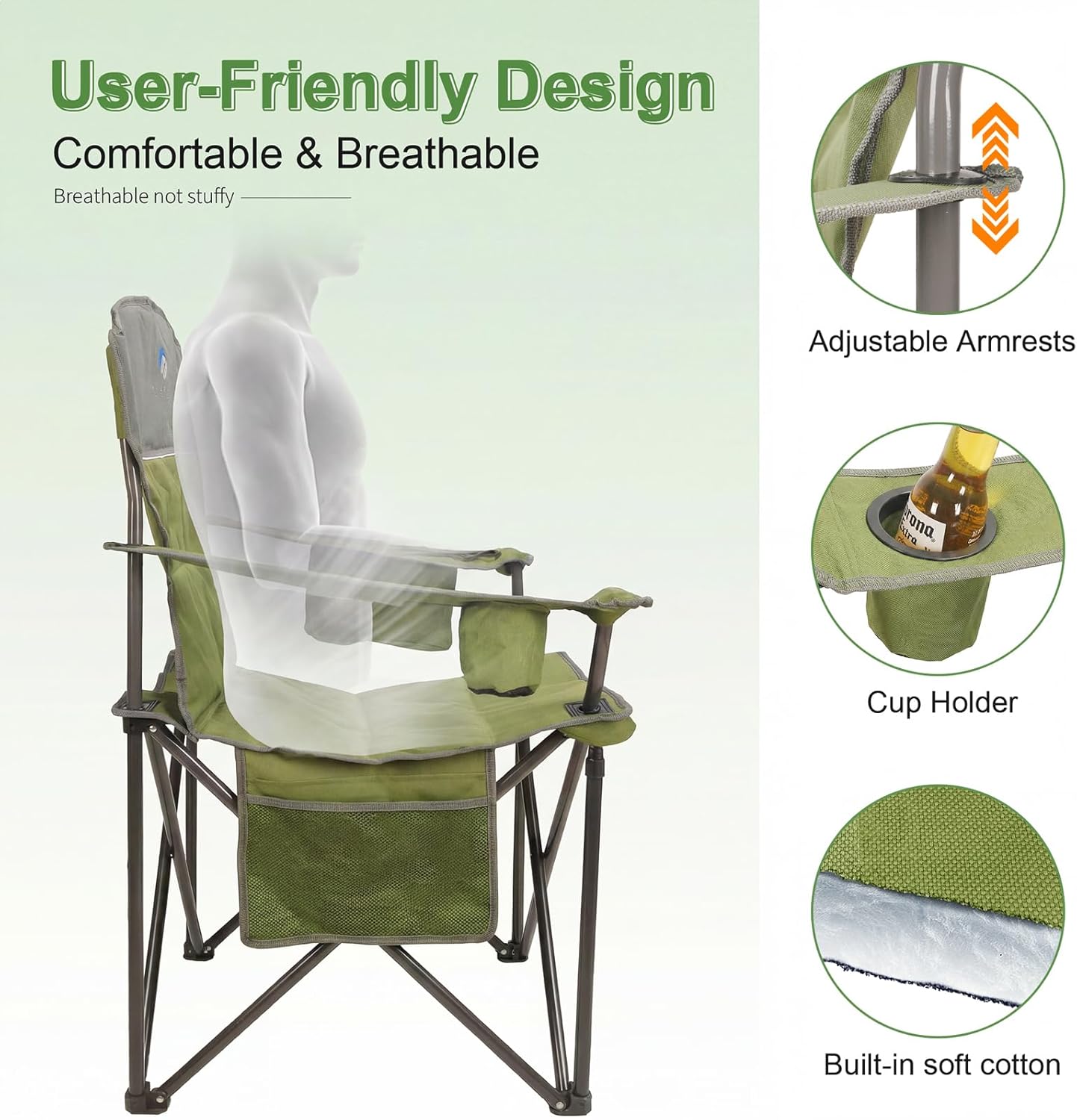 Skiennix Oversized Camping Chairs 2 Pack - Heavy Duty 400LBS Padded Lawn Chairs with Cooler Bag & Cup Holder | Olive Green
