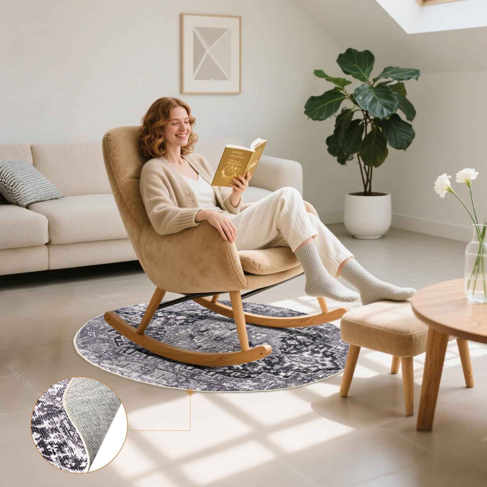 Recliner Pads for Hardwood Floors, Rocking Chair Floor Protectors, Non-Skid Furniture Gripper Small Circle Rug for Recliners, 31.5inch Diameter Low Pile Heavy Duty Non Slip Multi-Purpose Rug